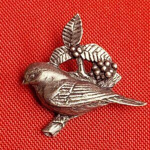 Birds and Blooms Silver Tone Pewter Bird on a Branch Lapel Pin 2002